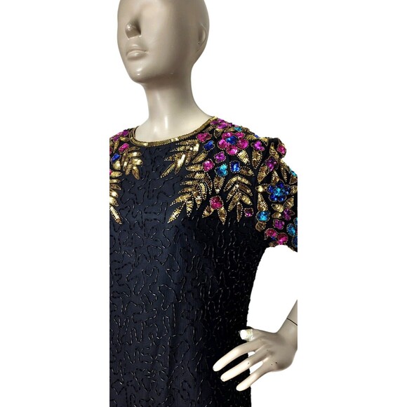 Vintage 80s STENAY Art Deco Sequined Beaded 100% Silk Party Dress Size 10 India - Picture 8 of 9